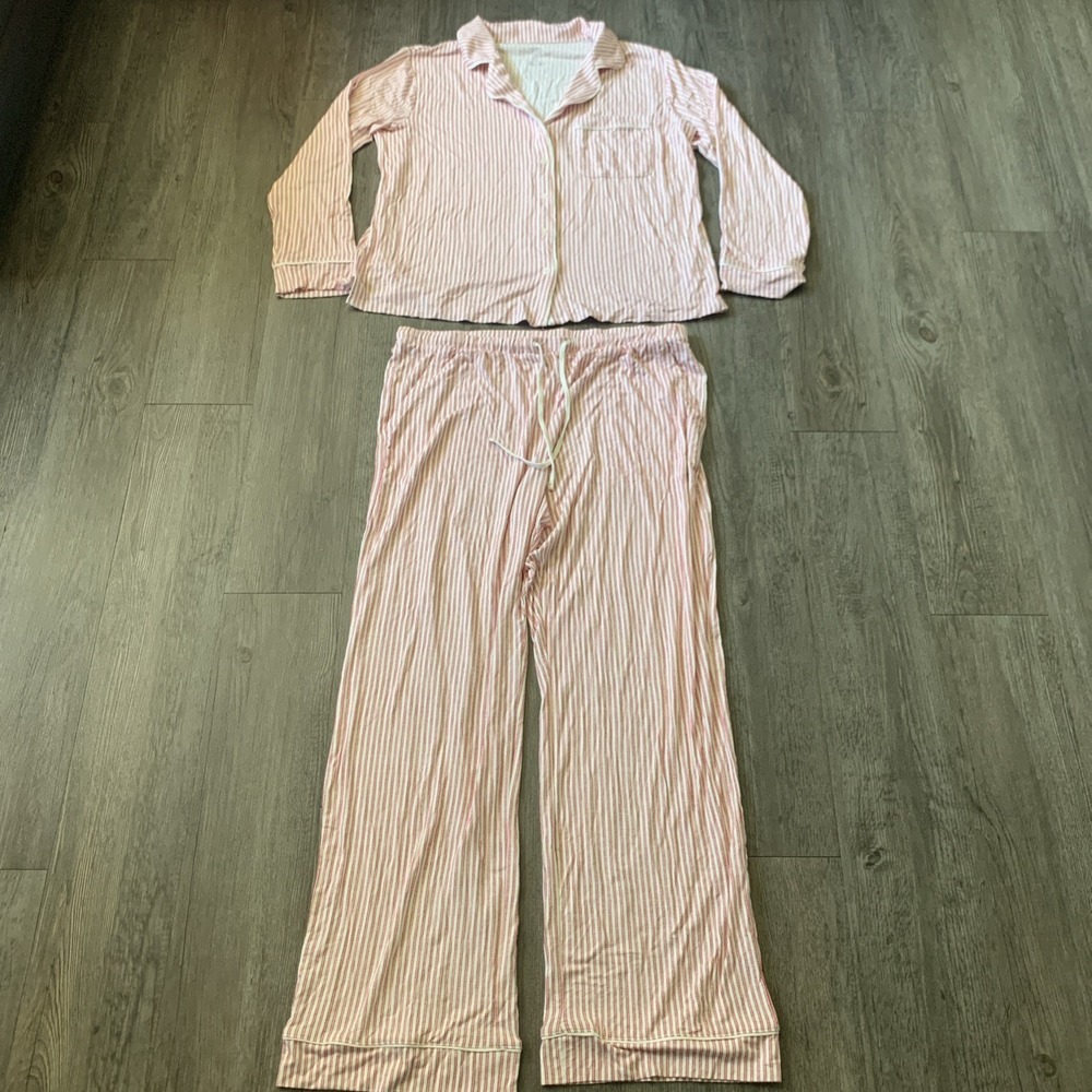 Auden Cloud Knit Red/White Striped Short Sleeve Collared Button Pajama Set L